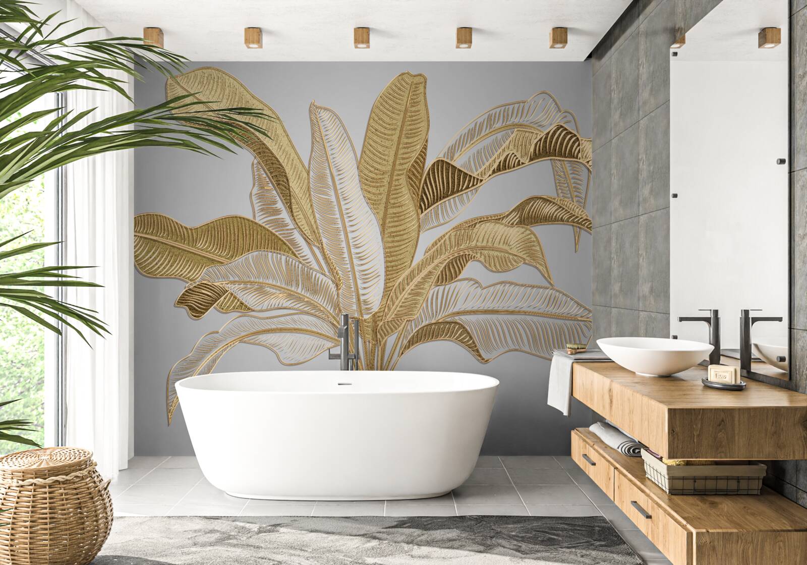 Fotobehang bladeren met ongewone gouden en witte tinten