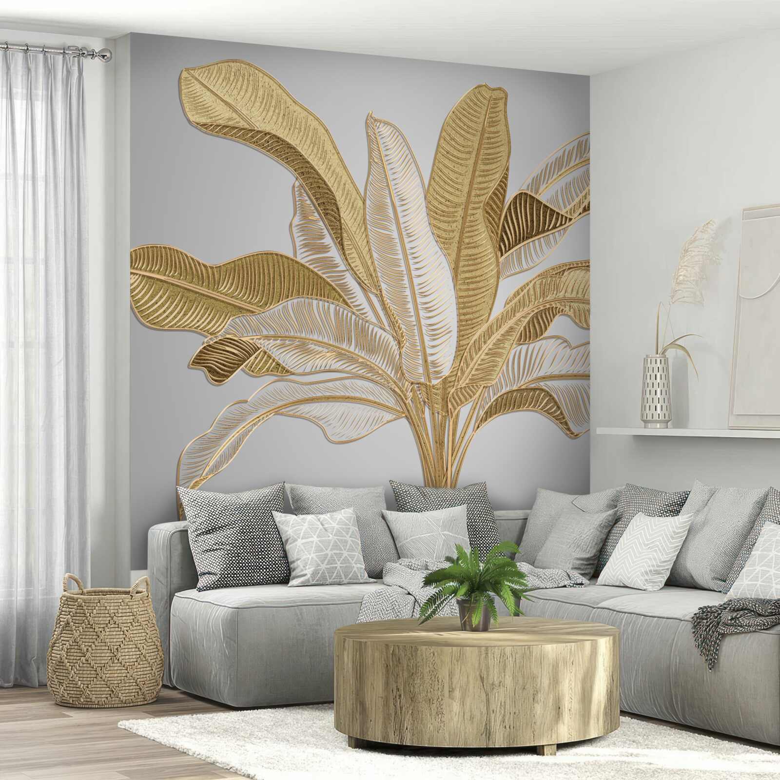 Fotobehang bladeren met ongewone gouden en witte tinten