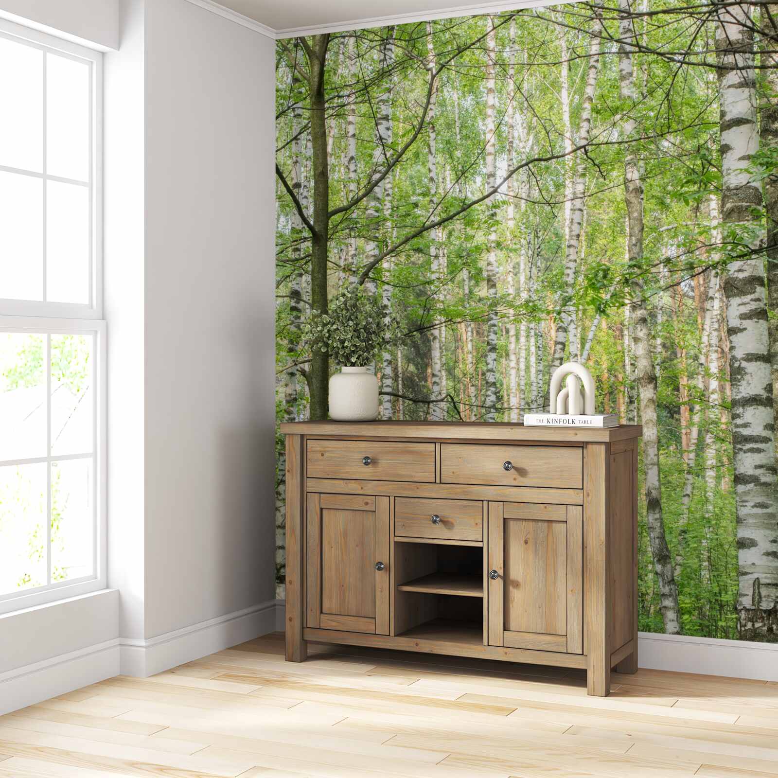 Fotobehang bos dicht begroeid met berken