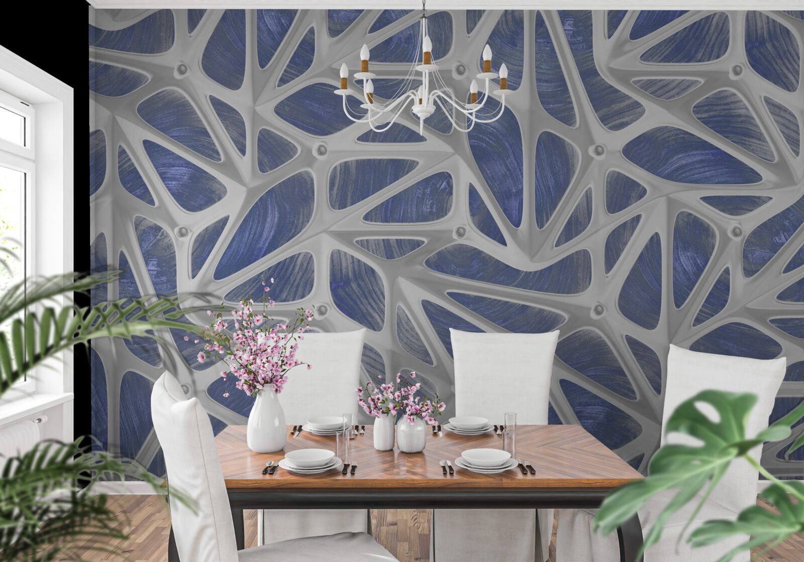 Fotobehang witte krullen op een blauwe achtergrond