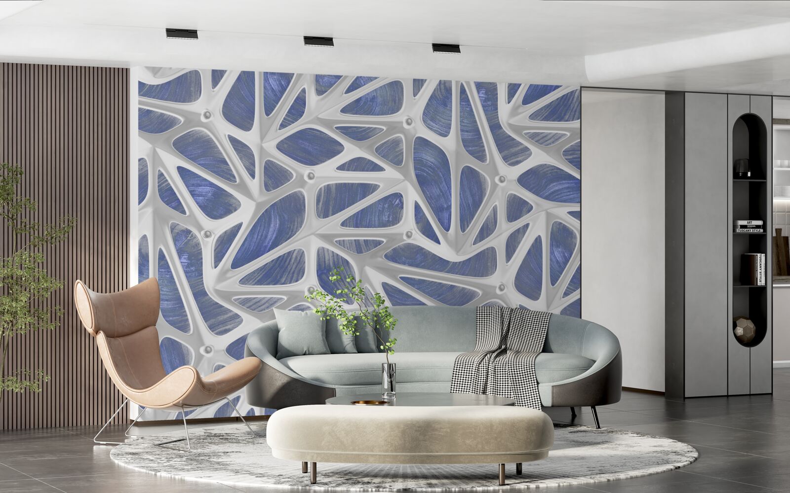 Fotobehang witte krullen op een blauwe achtergrond