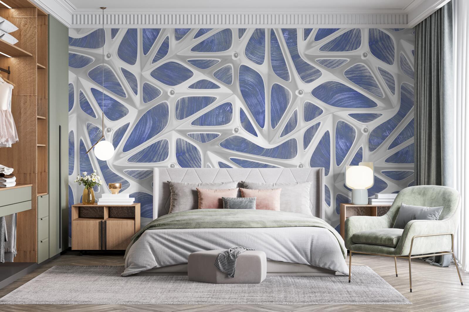 Fotobehang witte krullen op een blauwe achtergrond