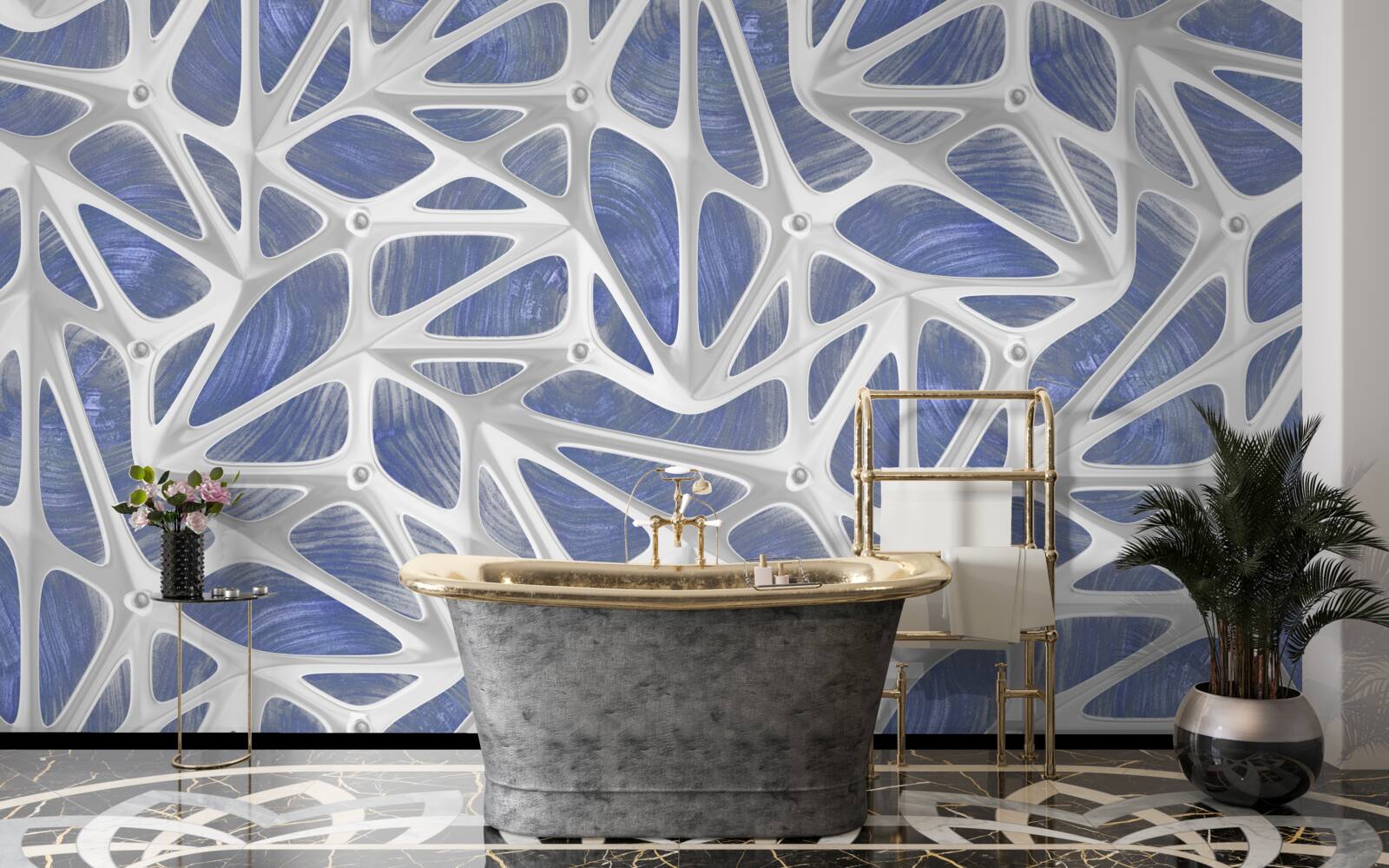 Fotobehang witte krullen op een blauwe achtergrond