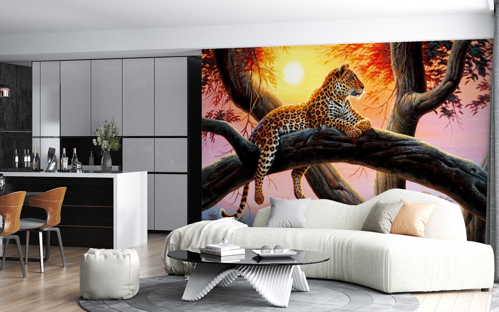 Fotobehang jachtluipaard zit in een boom