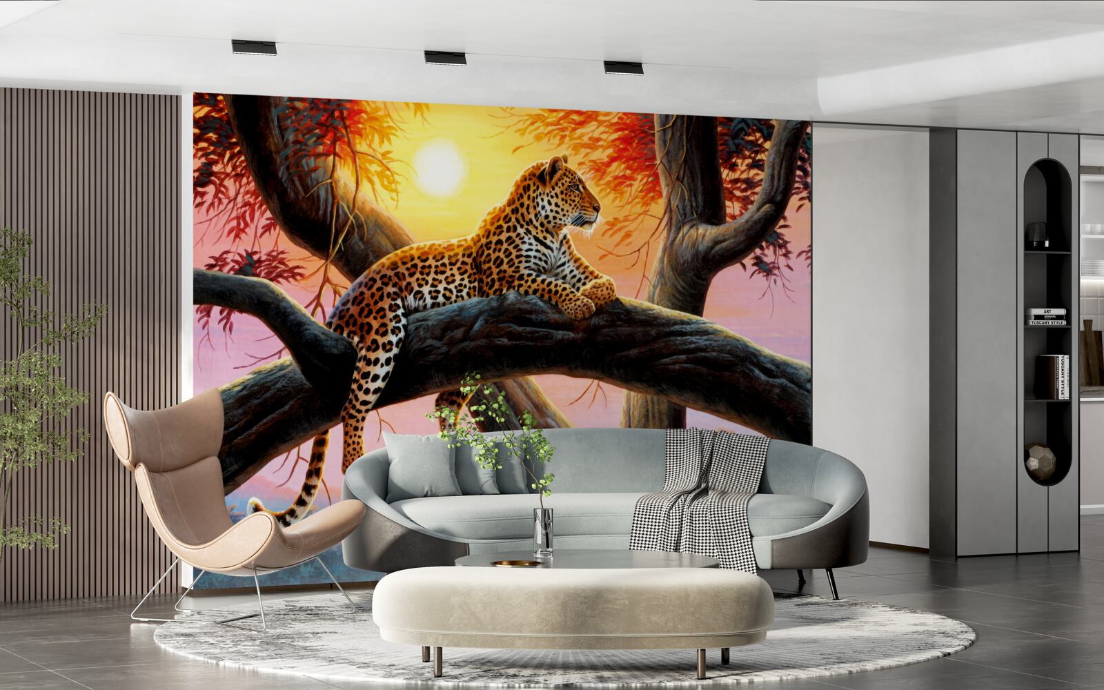 Fotobehang jachtluipaard zit in een boom