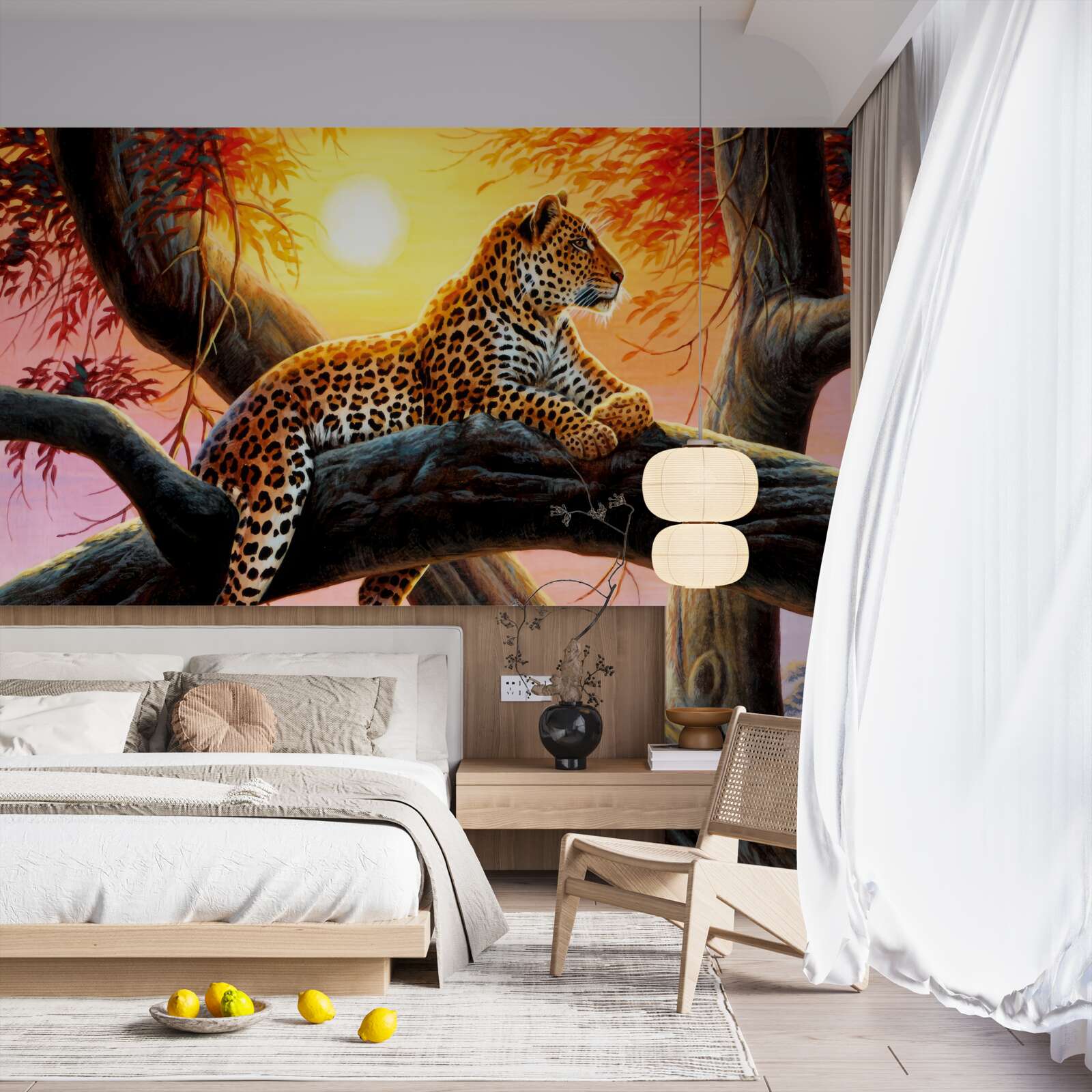 Fotobehang jachtluipaard zit in een boom