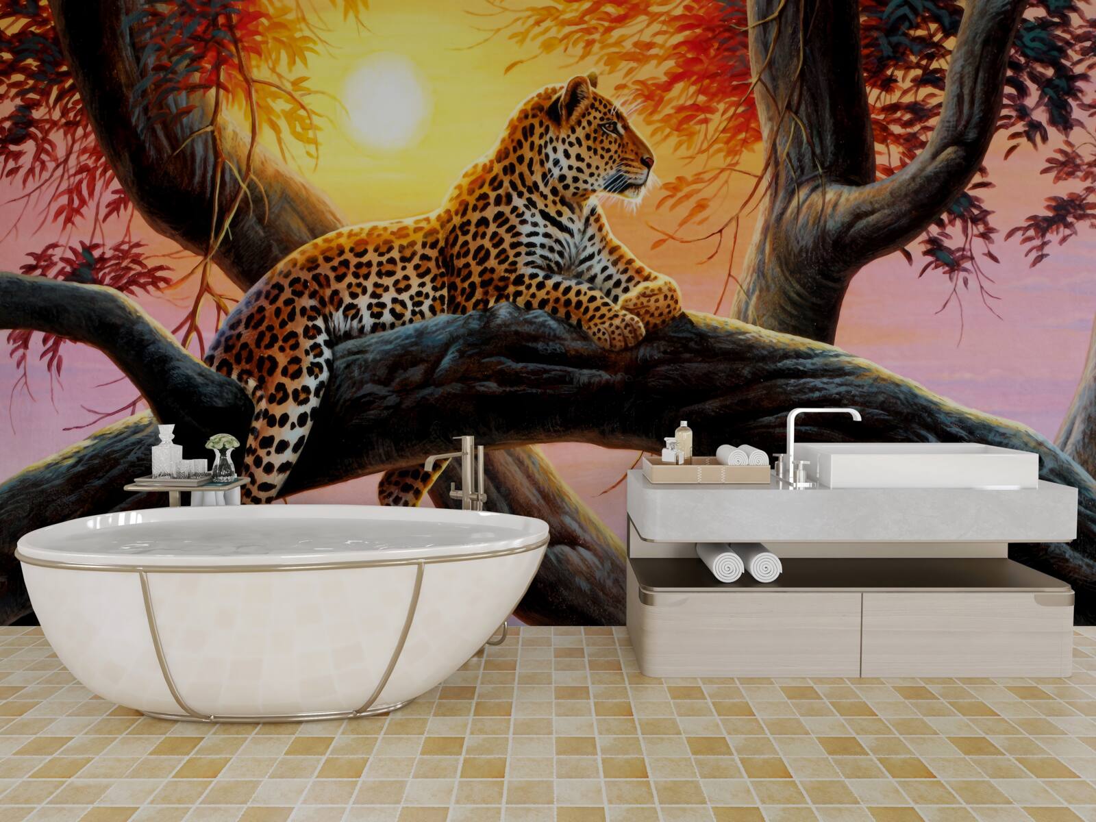 Fotobehang jachtluipaard zit in een boom