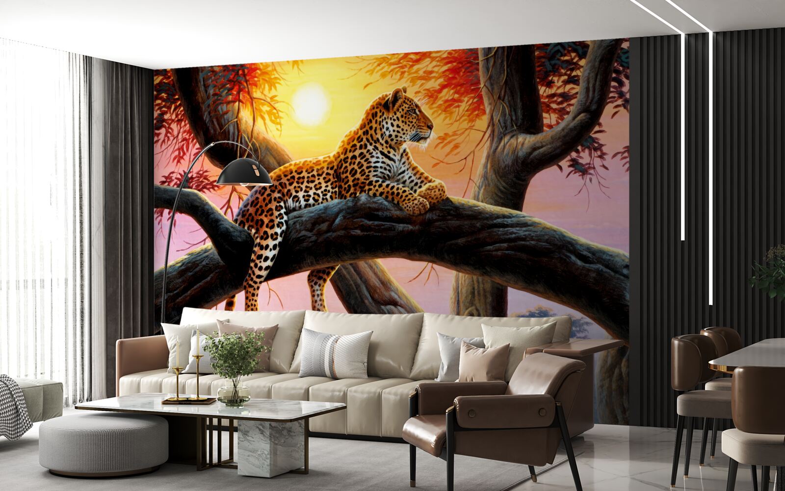 Fotobehang jachtluipaard zit in een boom