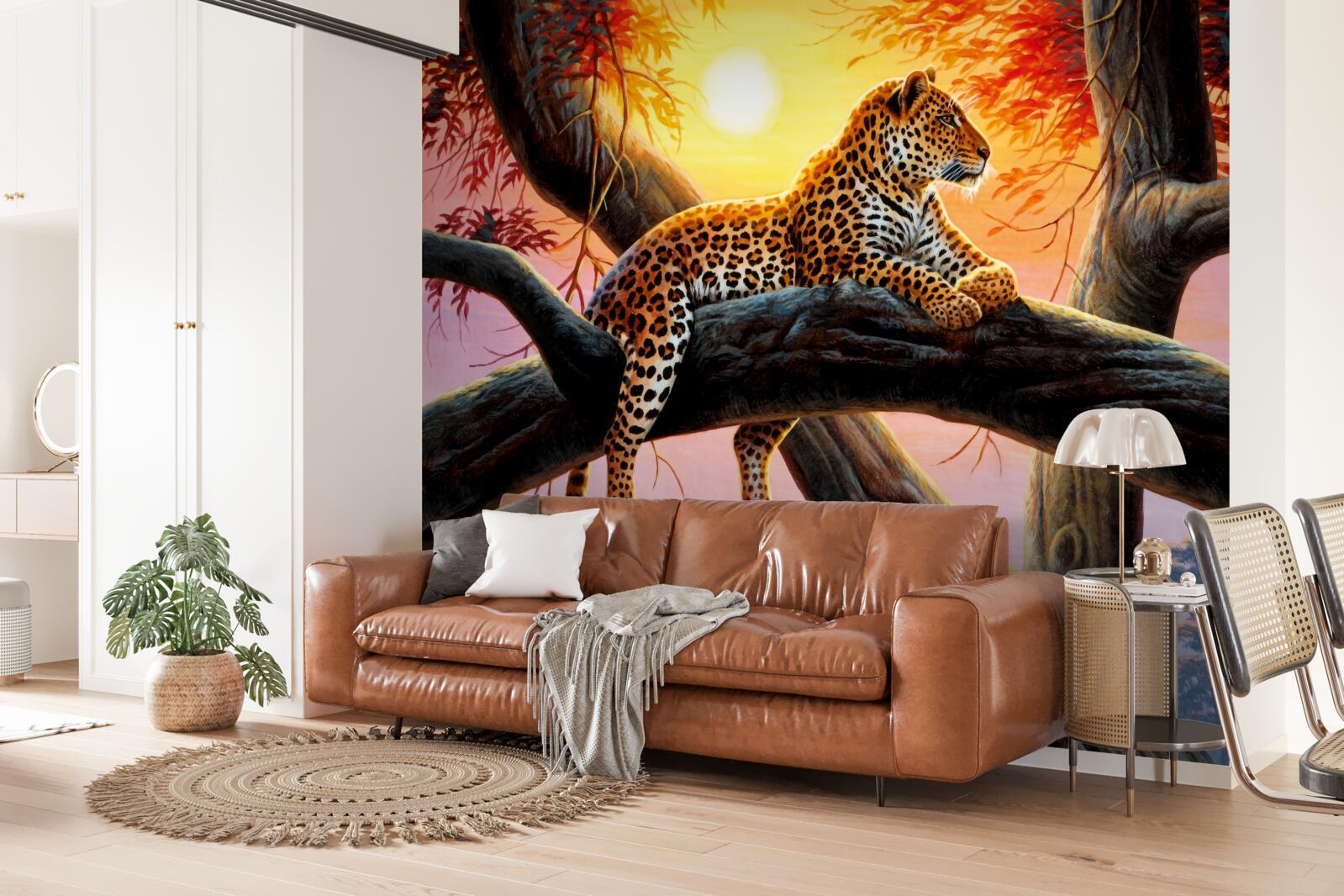 Fotobehang jachtluipaard zit in een boom