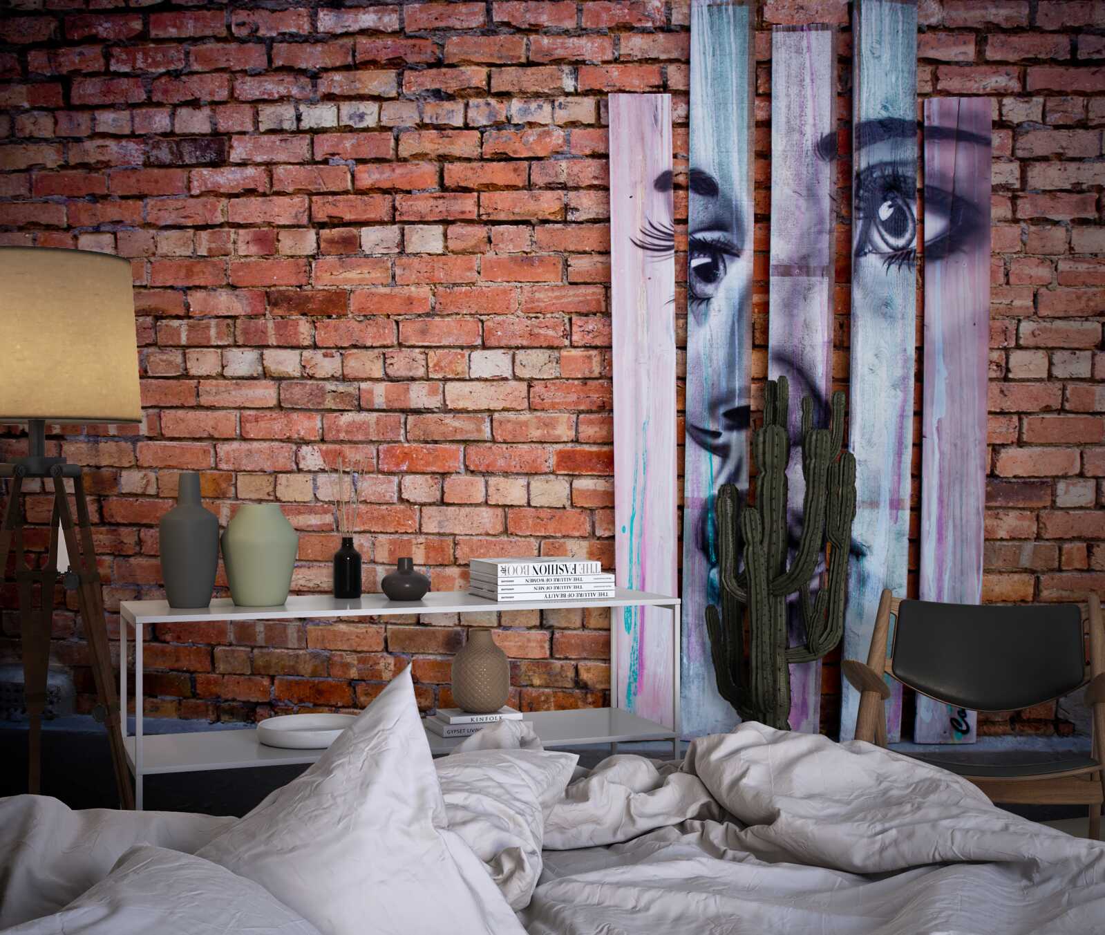 Fotobehang afbeelding van een vrouw op een scharlakenrode bakstenen muur