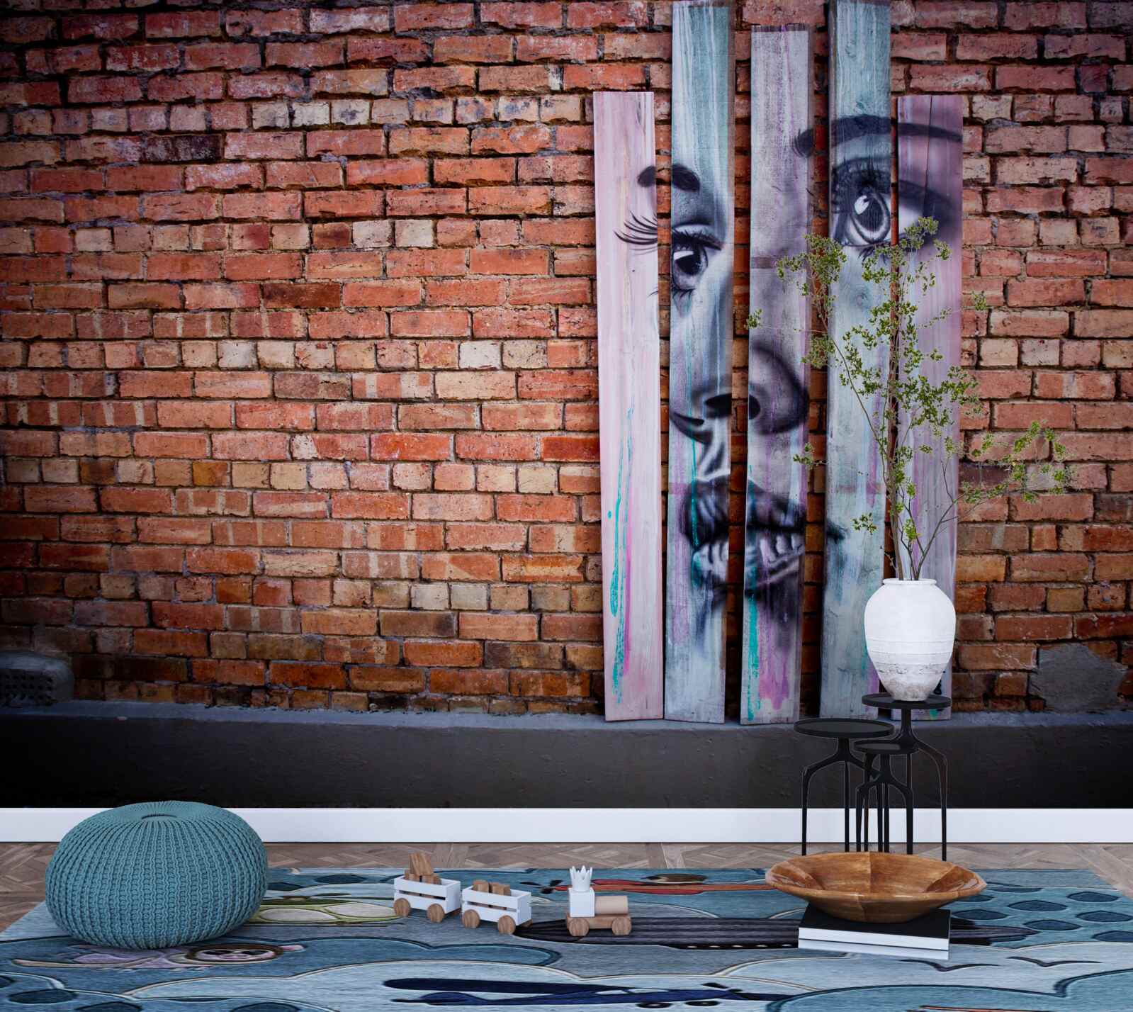 Fotobehang afbeelding van een vrouw op een scharlakenrode bakstenen muur