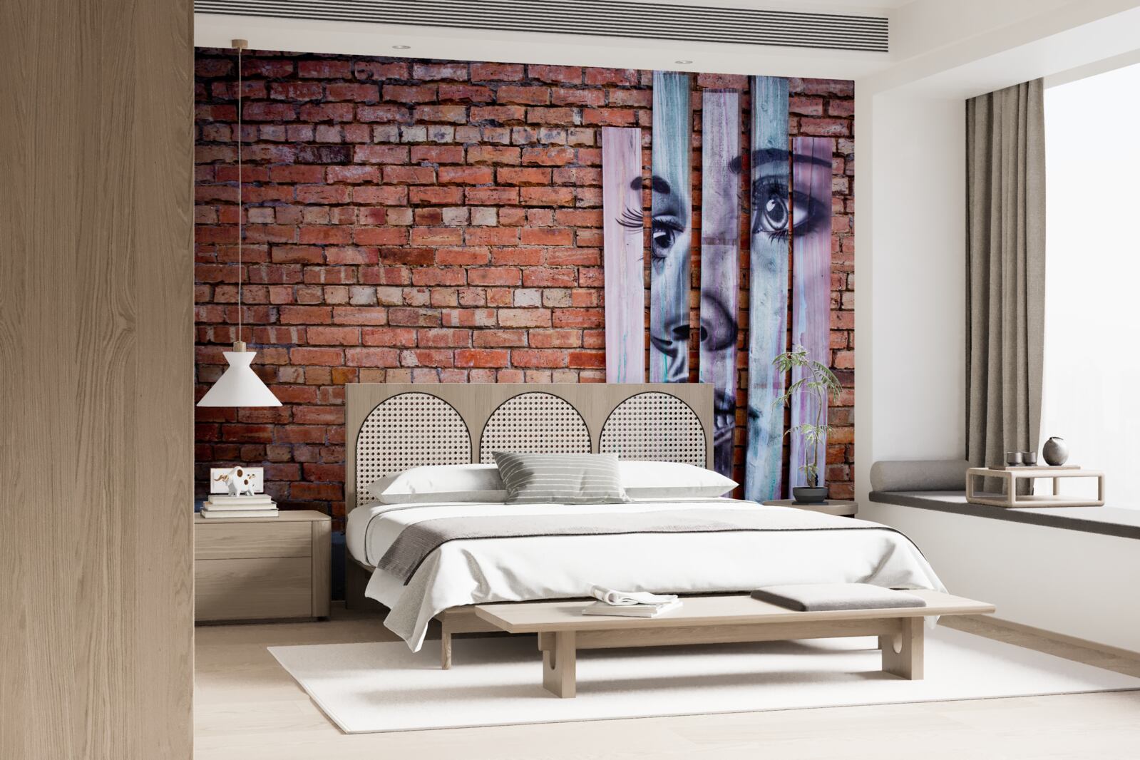 Fotobehang afbeelding van een vrouw op een scharlakenrode bakstenen muur