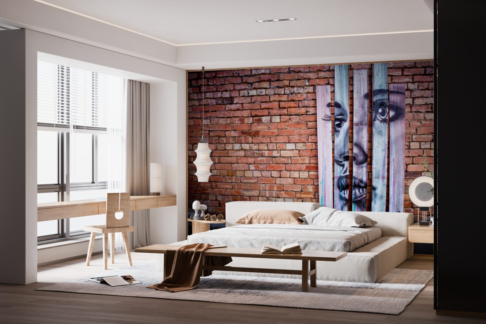 Fotobehang afbeelding van een vrouw op een scharlakenrode bakstenen muur