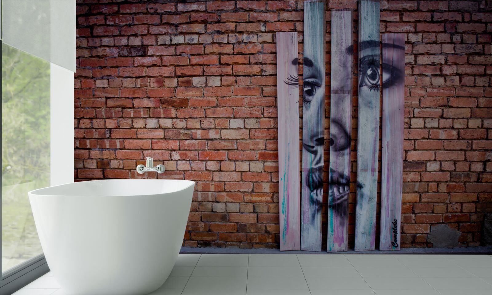 Fotobehang afbeelding van een vrouw op een scharlakenrode bakstenen muur