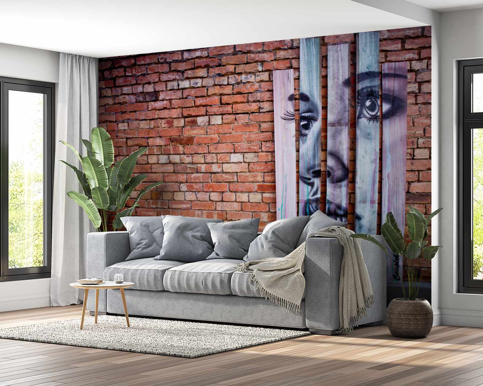 Fotobehang afbeelding van een vrouw op een scharlakenrode bakstenen muur