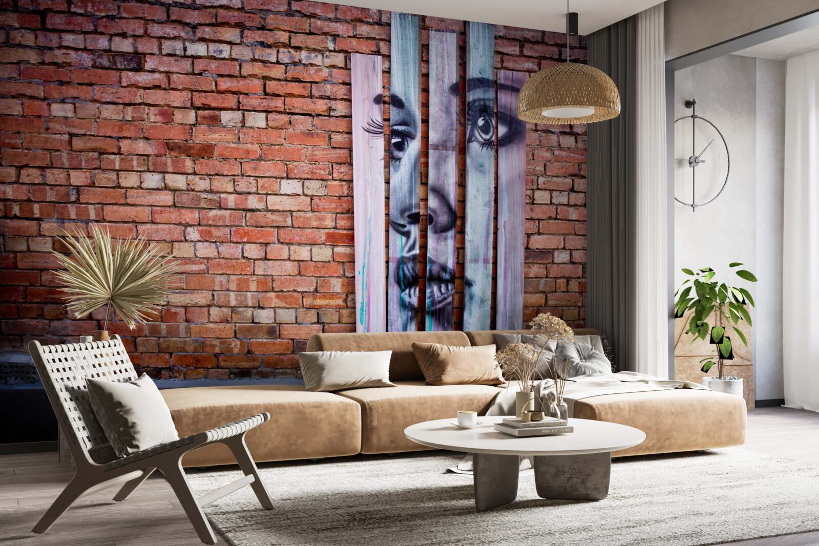 Fotobehang afbeelding van een vrouw op een scharlakenrode bakstenen muur