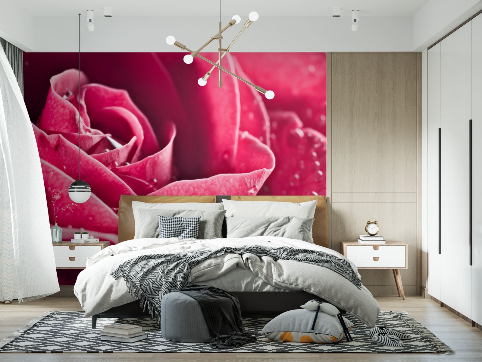 Fotobehang grote roos met vochtdruppels