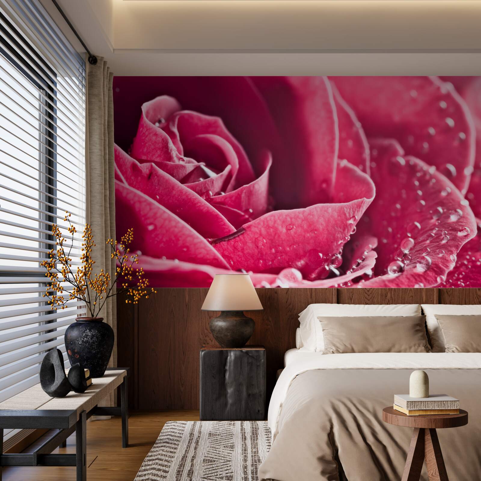 Fotobehang grote roos met vochtdruppels