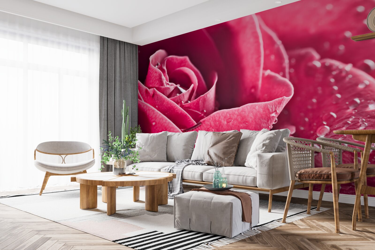 Fotobehang grote roos met vochtdruppels