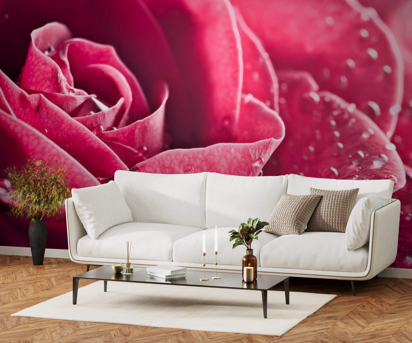 Fotobehang grote roos met vochtdruppels