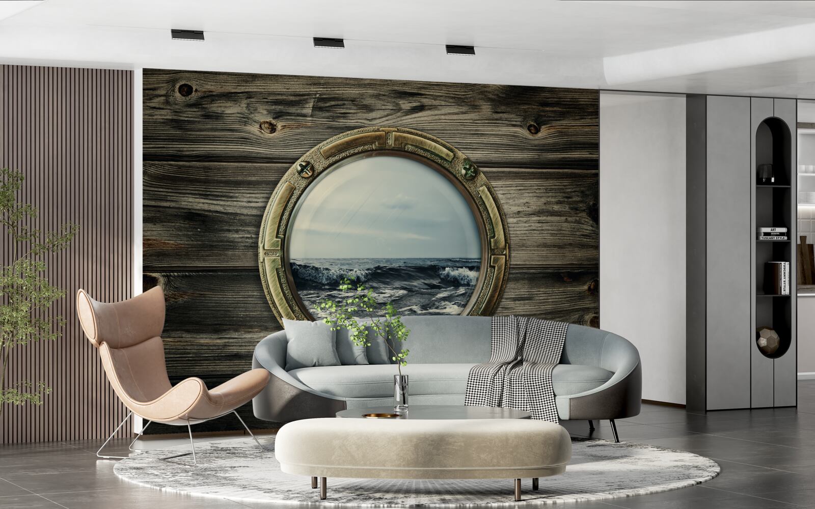 Fotobehang kajuitraam met uitzicht op de oceaan