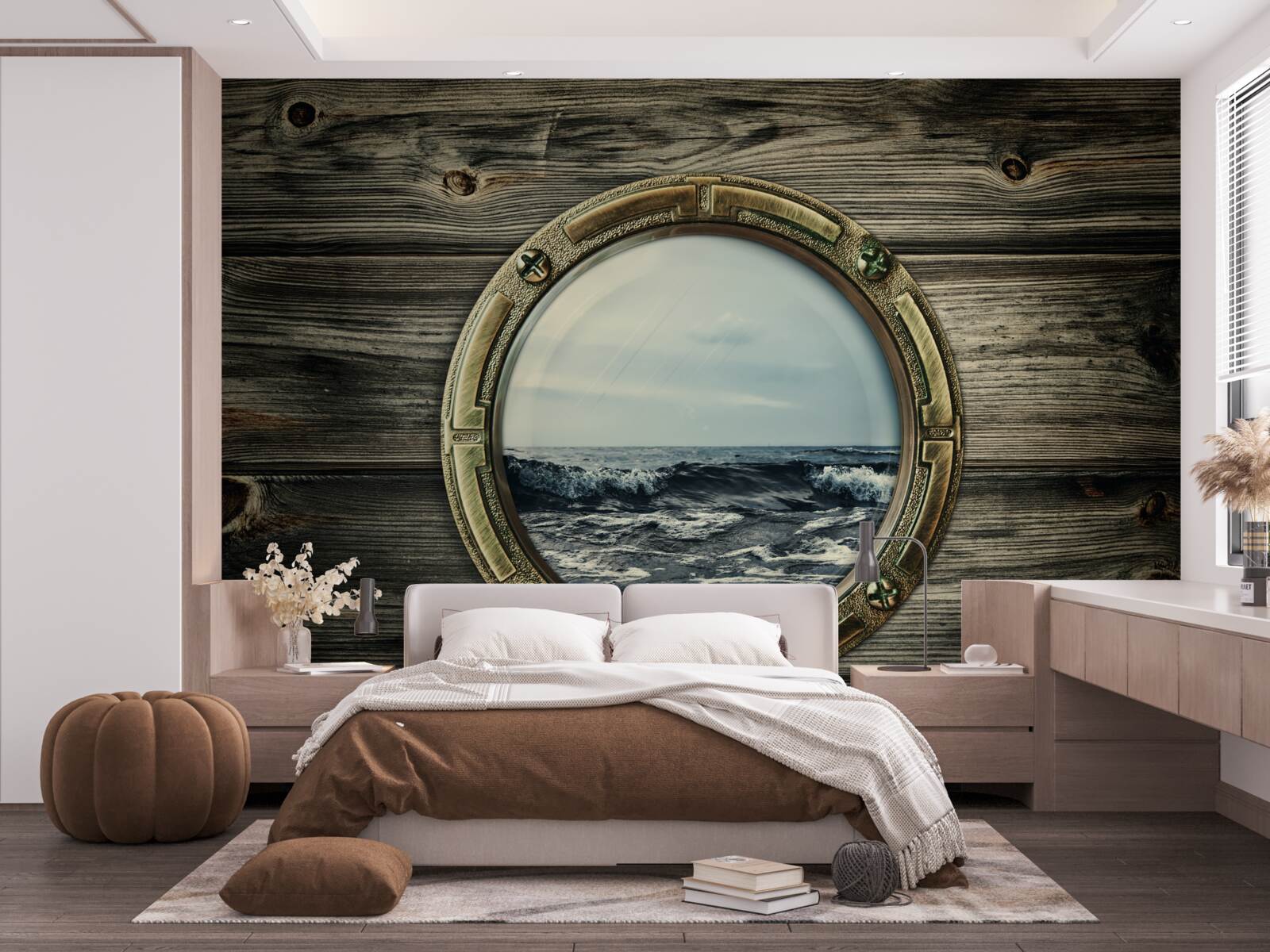 Fotobehang kajuitraam met uitzicht op de oceaan