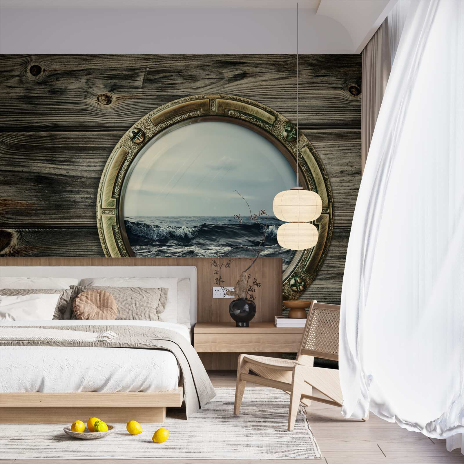 Fotobehang kajuitraam met uitzicht op de oceaan