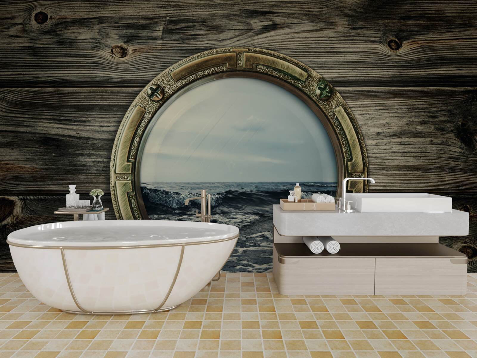 Fotobehang kajuitraam met uitzicht op de oceaan