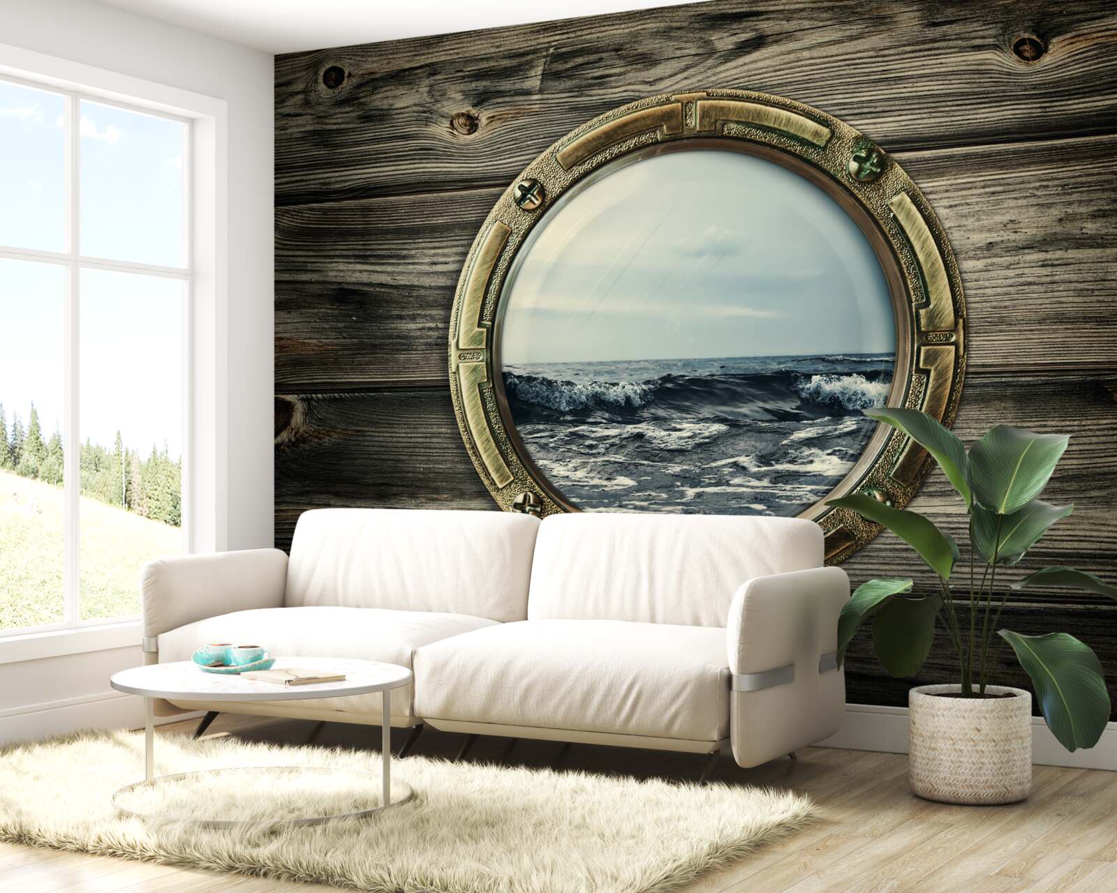 Fotobehang kajuitraam met uitzicht op de oceaan