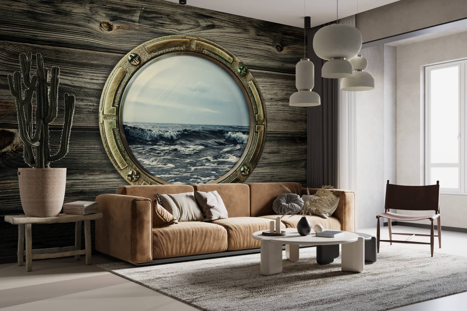 Fotobehang kajuitraam met uitzicht op de oceaan