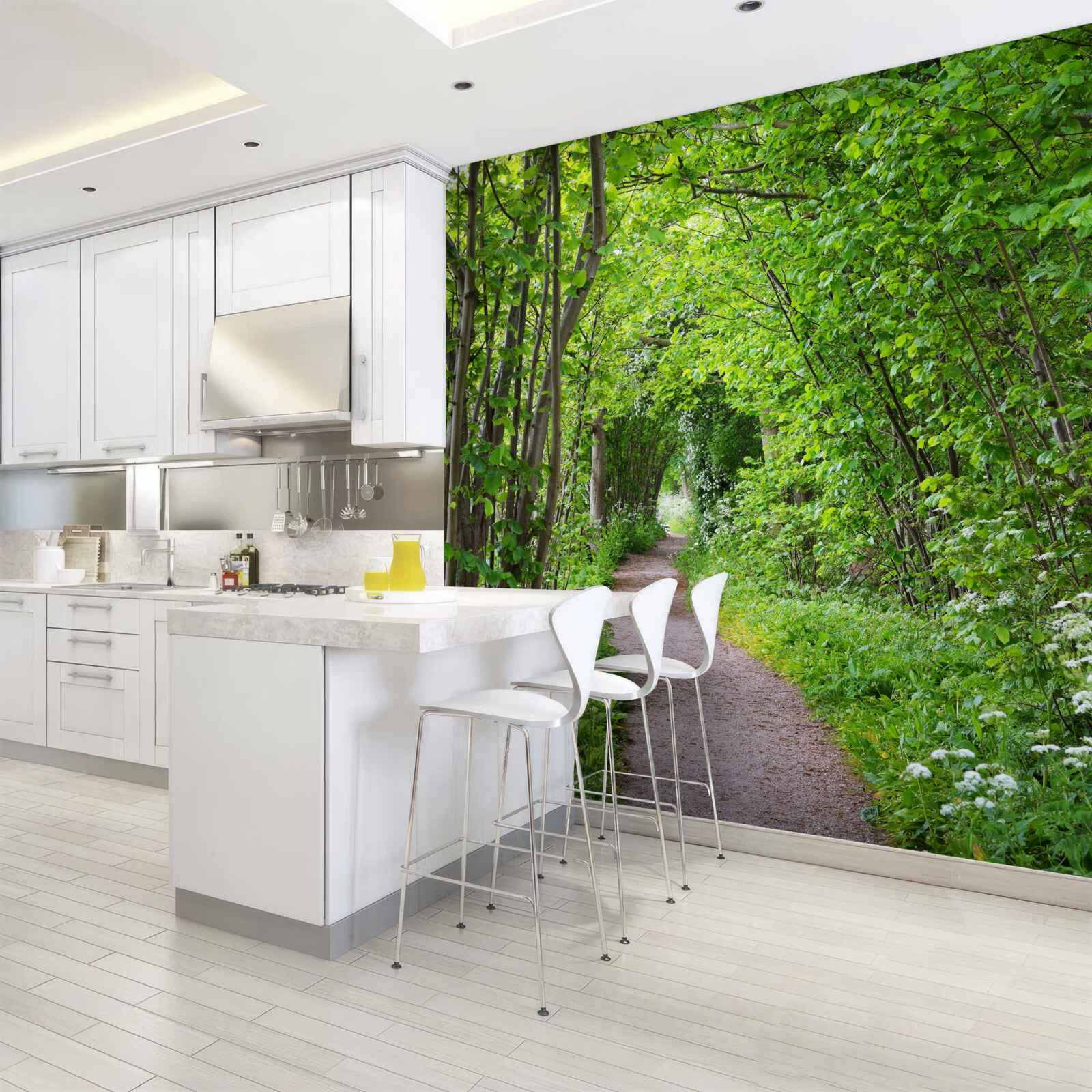 Fotobehang pad door het dichte smaragdgroene bos