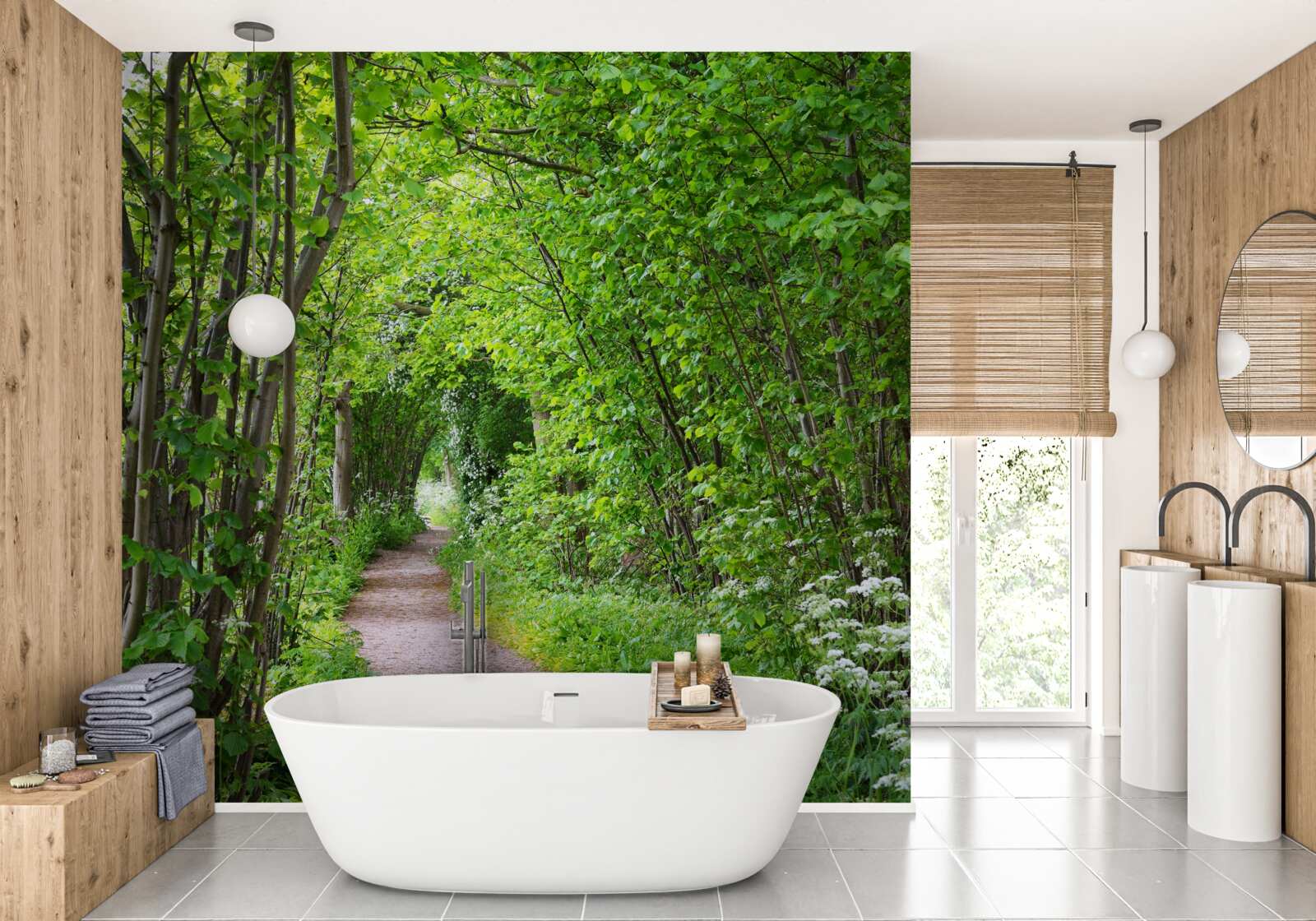 Fotobehang pad door het dichte smaragdgroene bos