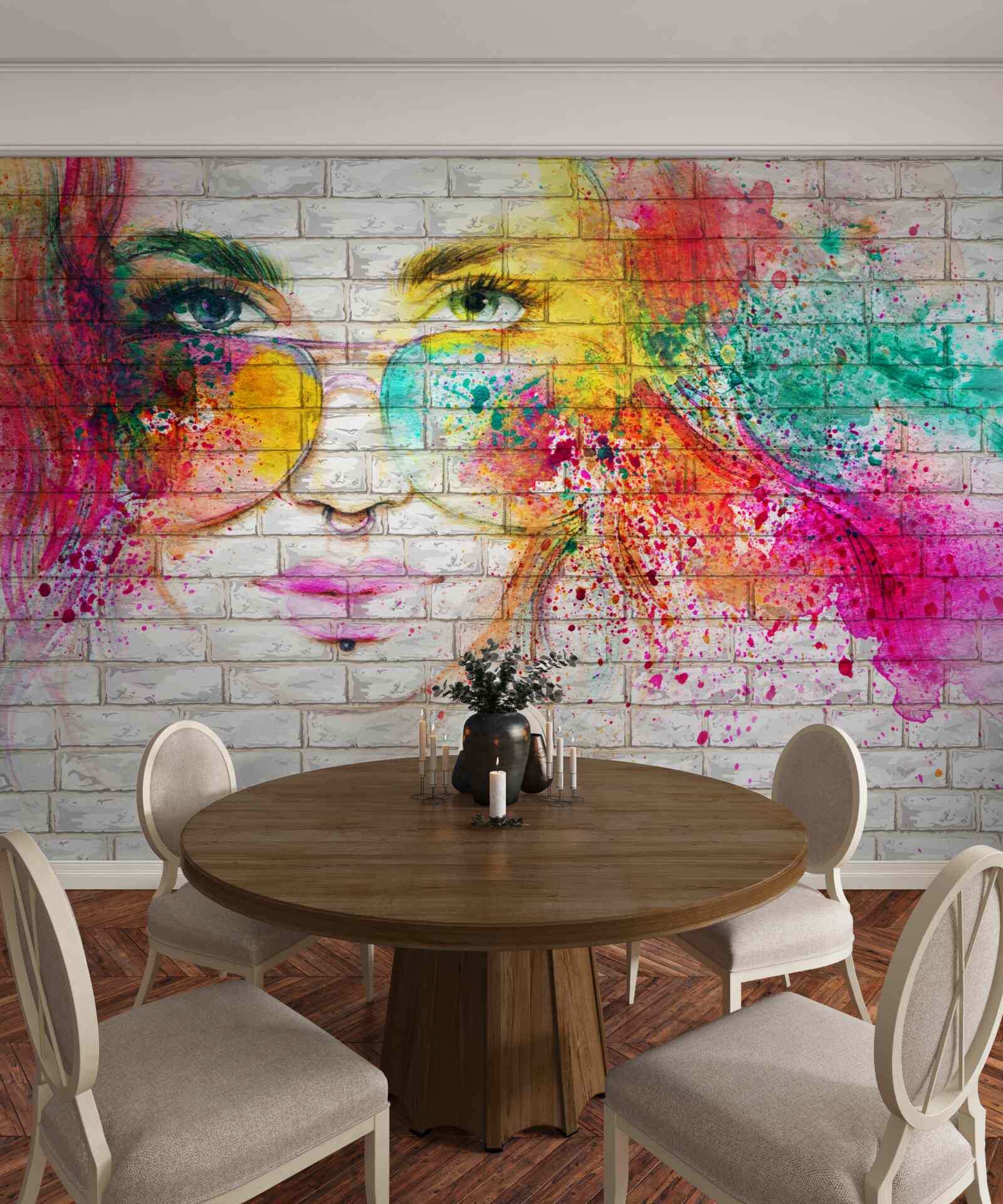 Fotobehang beeld van een meisje met bril op een sneeuwwitte bakstenen muur