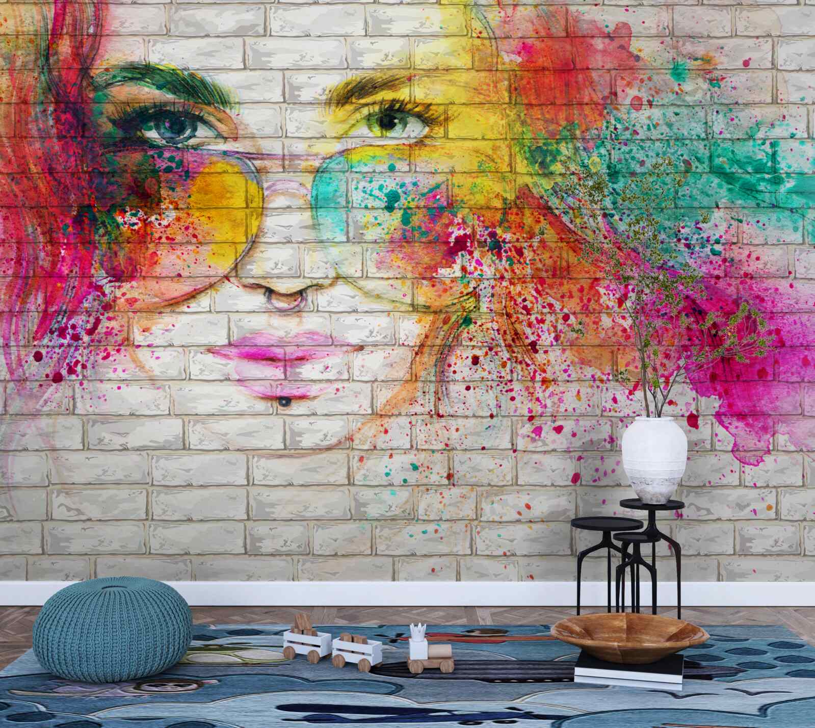 Fotobehang beeld van een meisje met bril op een sneeuwwitte bakstenen muur