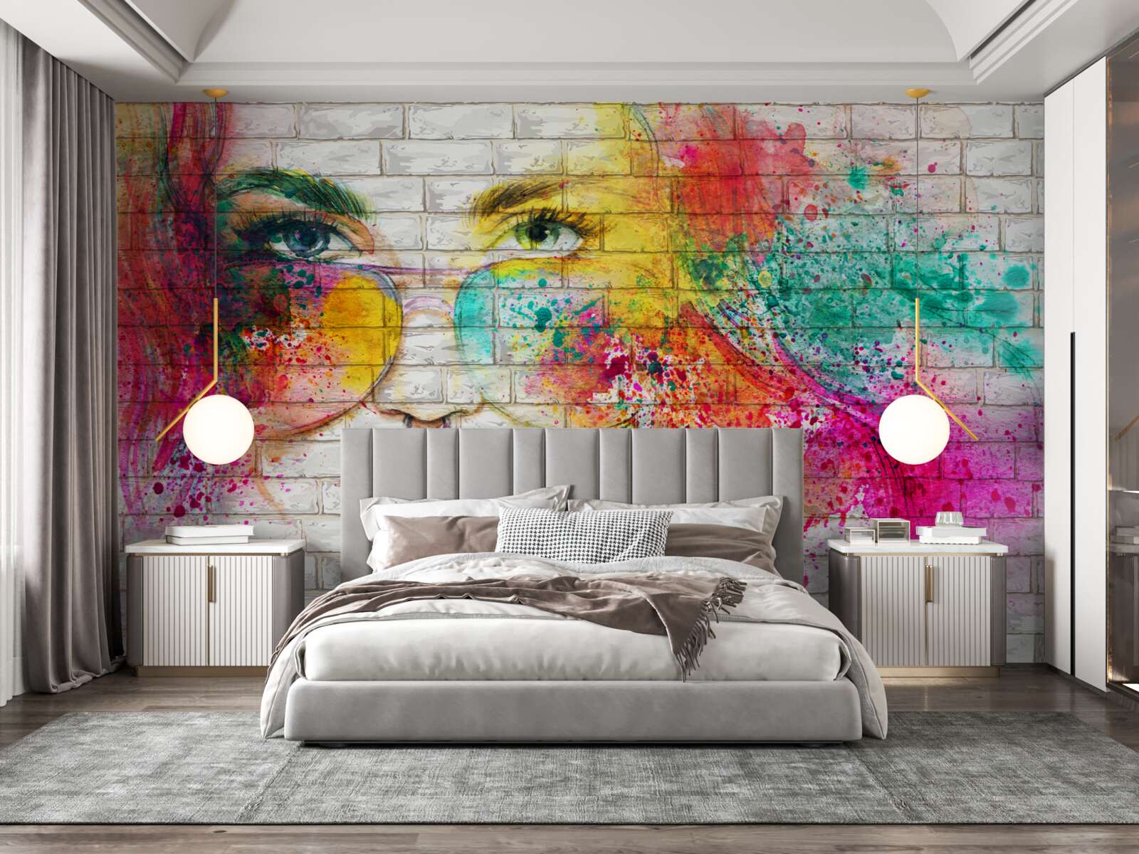 Fotobehang beeld van een meisje met bril op een sneeuwwitte bakstenen muur