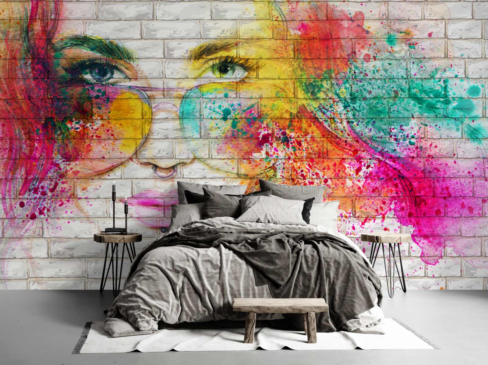 Fotobehang beeld van een meisje met bril op een sneeuwwitte bakstenen muur