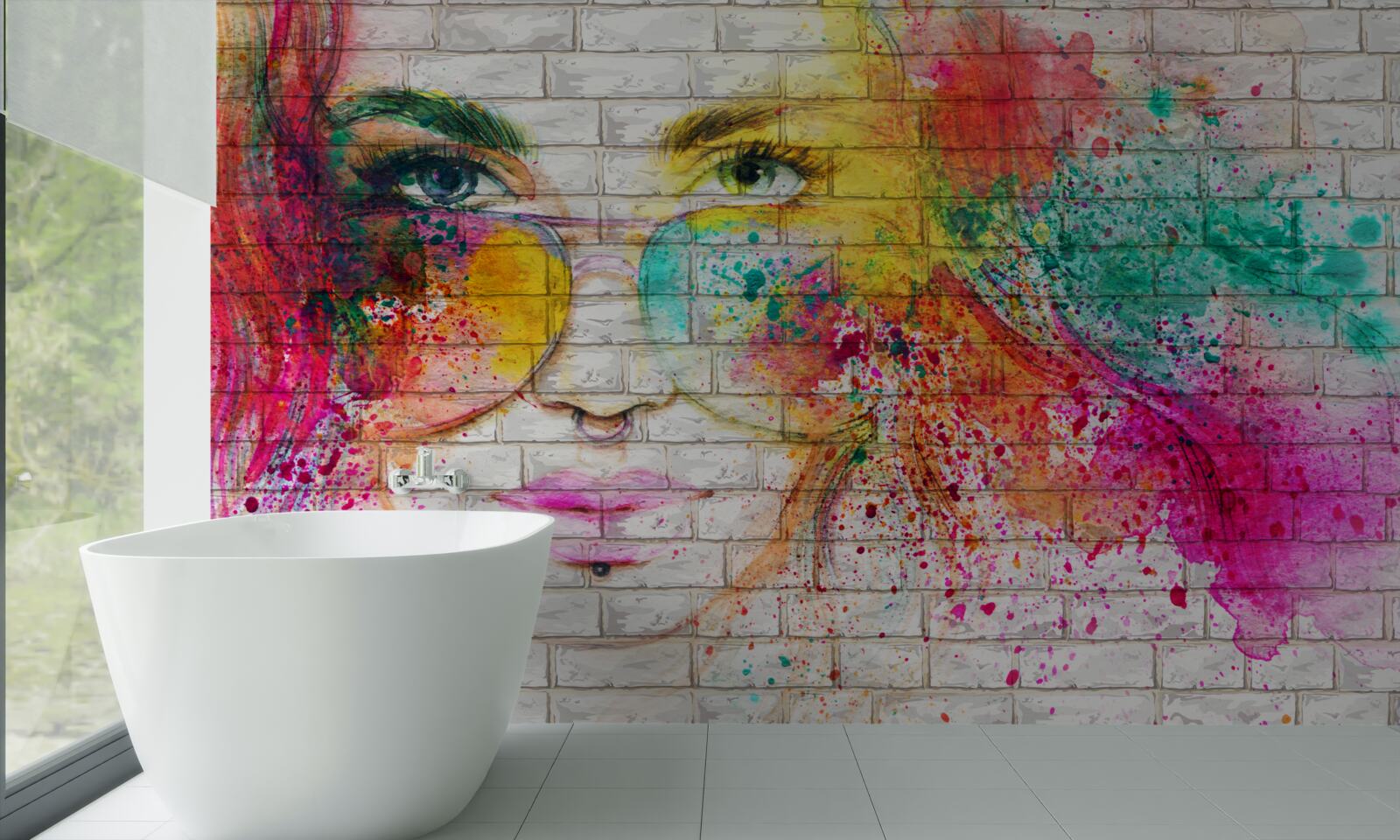 Fotobehang beeld van een meisje met bril op een sneeuwwitte bakstenen muur