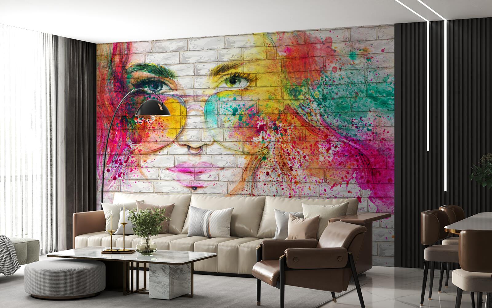 Fotobehang beeld van een meisje met bril op een sneeuwwitte bakstenen muur