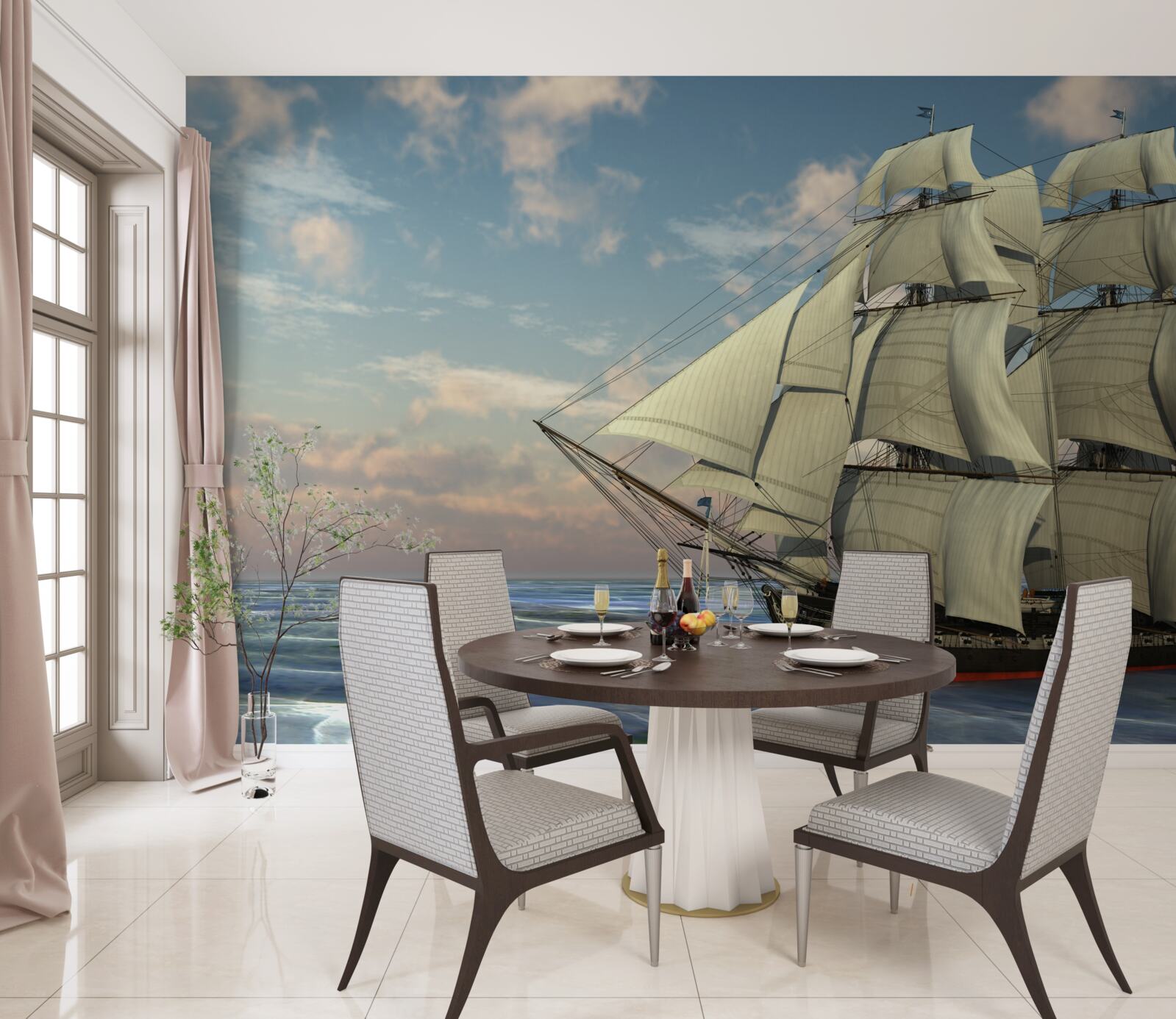 Fotobehang majestueus en sierlijk schip onder zeil op het water