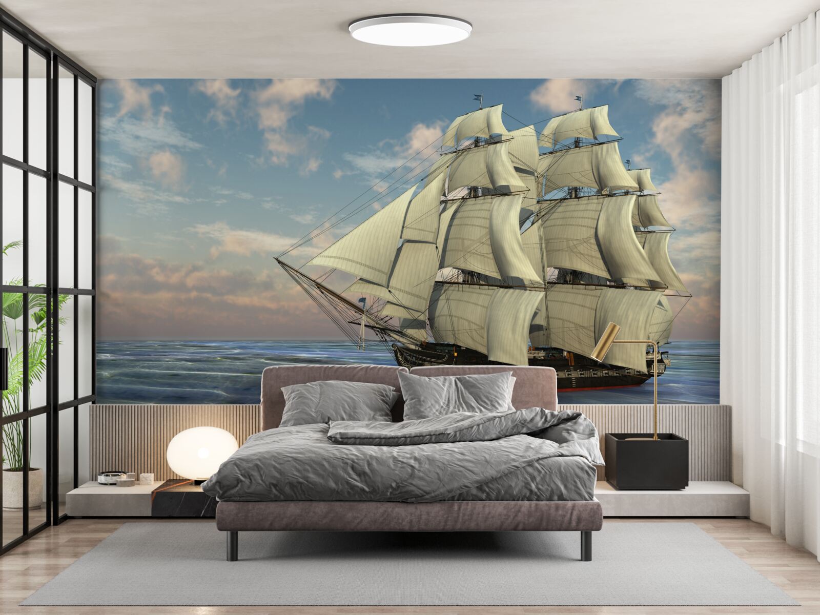 Fotobehang majestueus en sierlijk schip onder zeil op het water