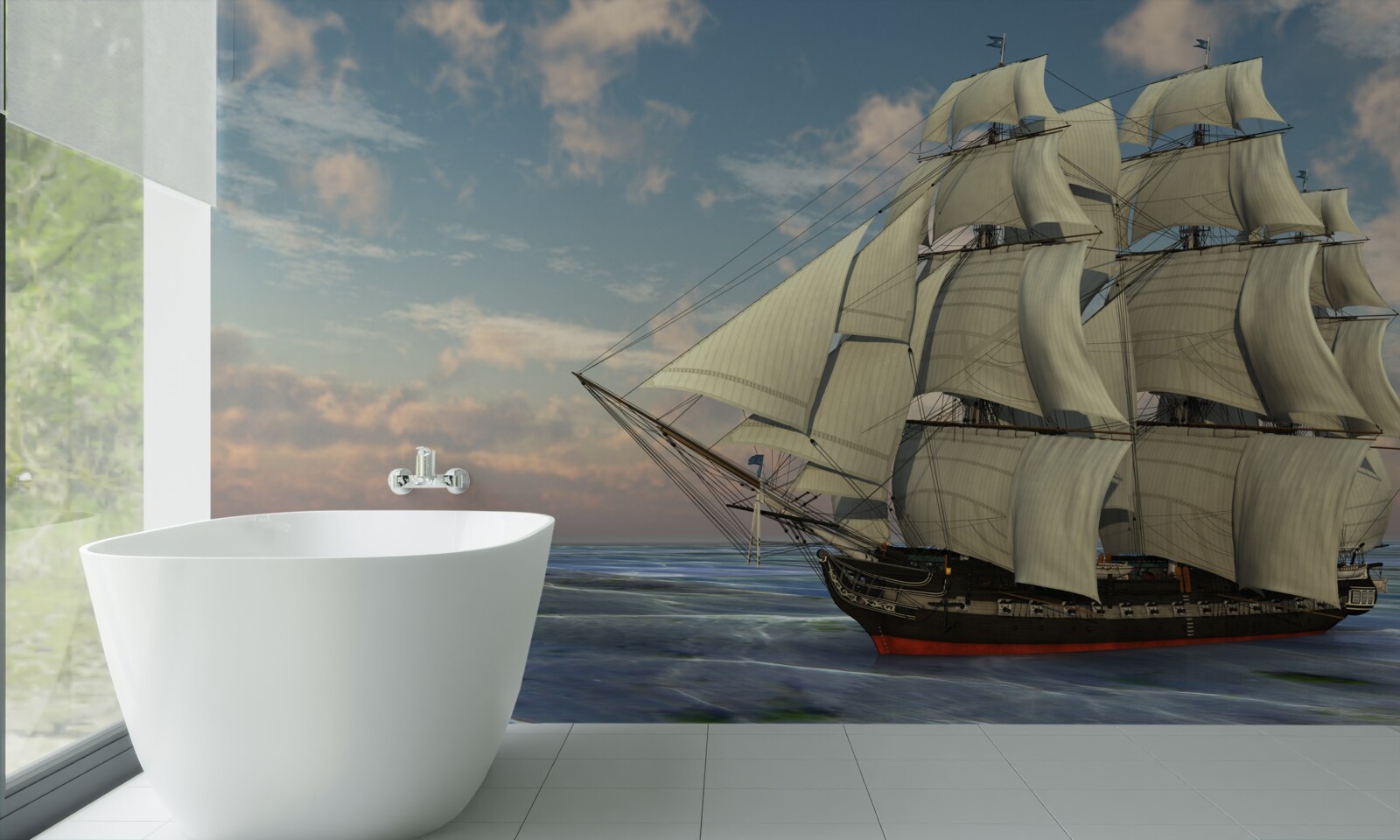 Fotobehang majestueus en sierlijk schip onder zeil op het water