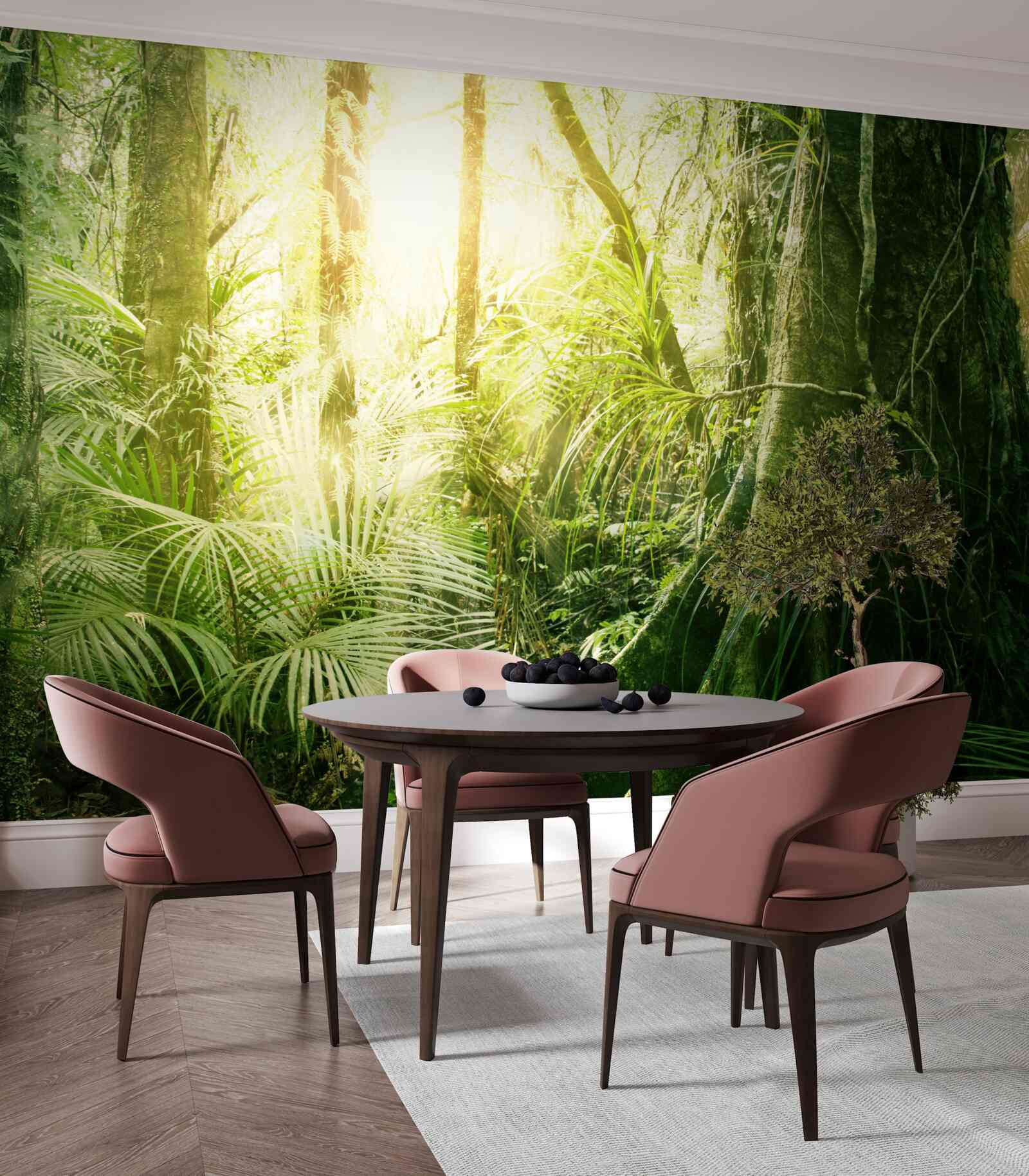 Fotobehang lichtstralen die doordringen in een sprookjesbos