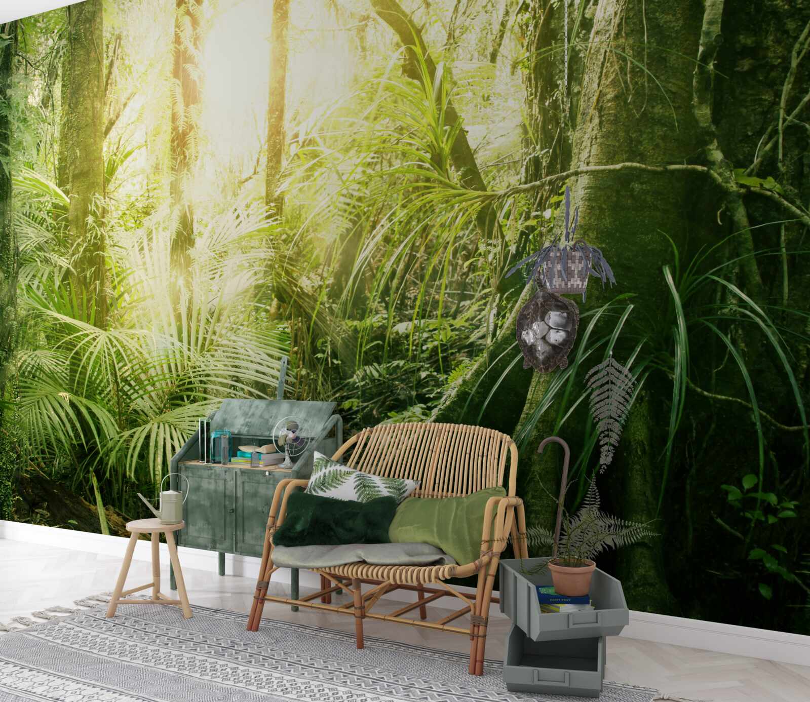 Fotobehang lichtstralen die doordringen in een sprookjesbos