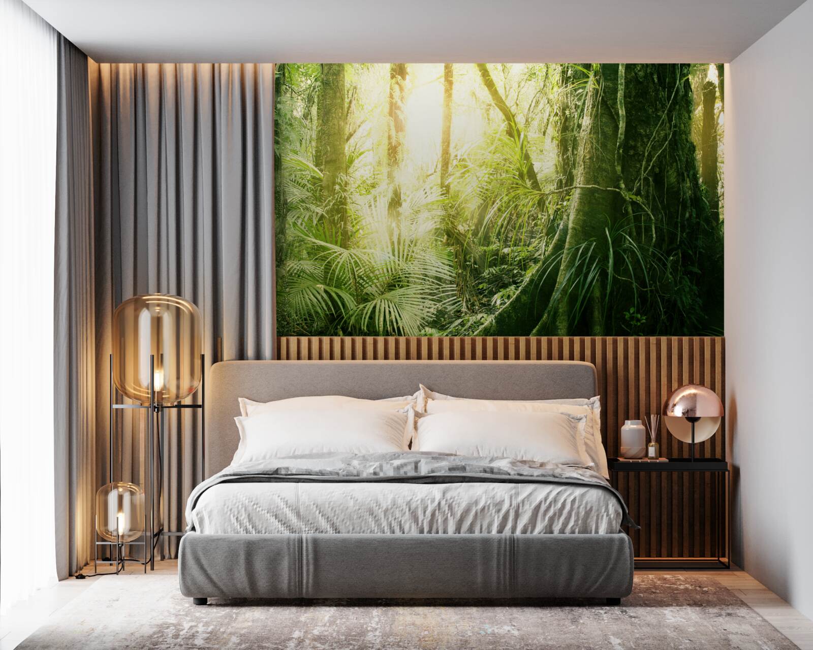 Fotobehang lichtstralen die doordringen in een sprookjesbos