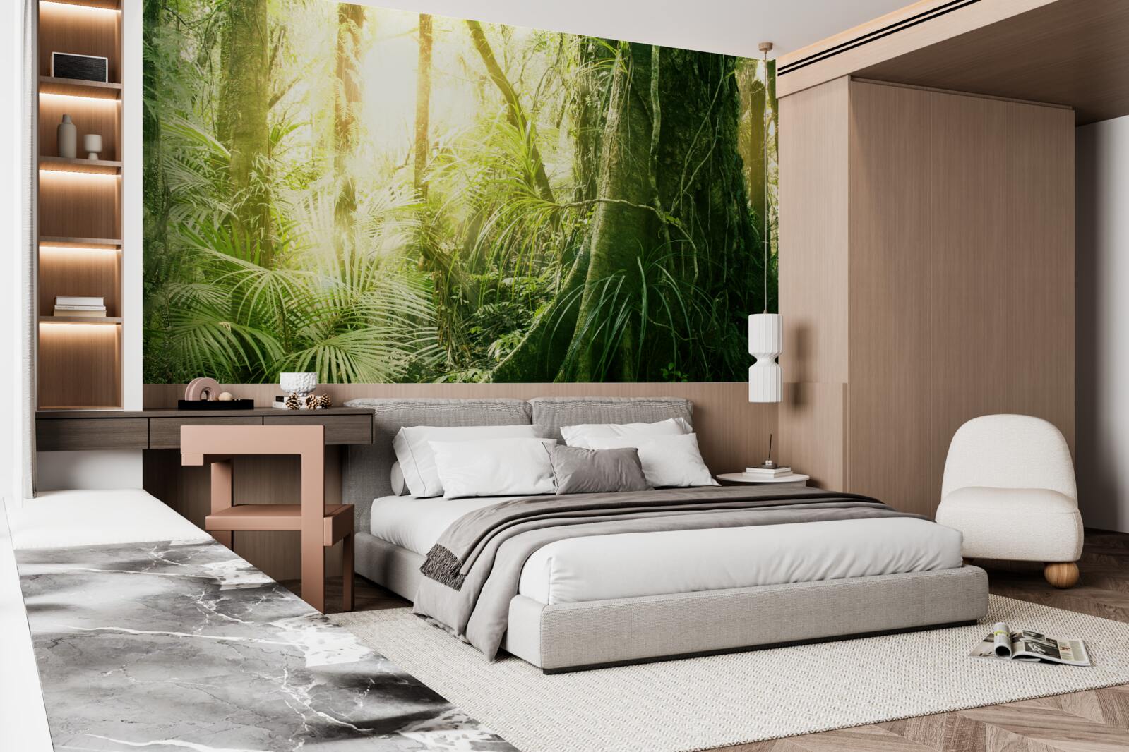 Fotobehang lichtstralen die doordringen in een sprookjesbos