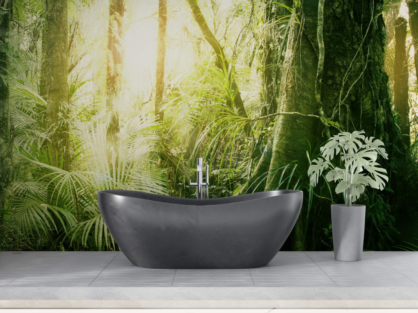 Fotobehang lichtstralen die doordringen in een sprookjesbos