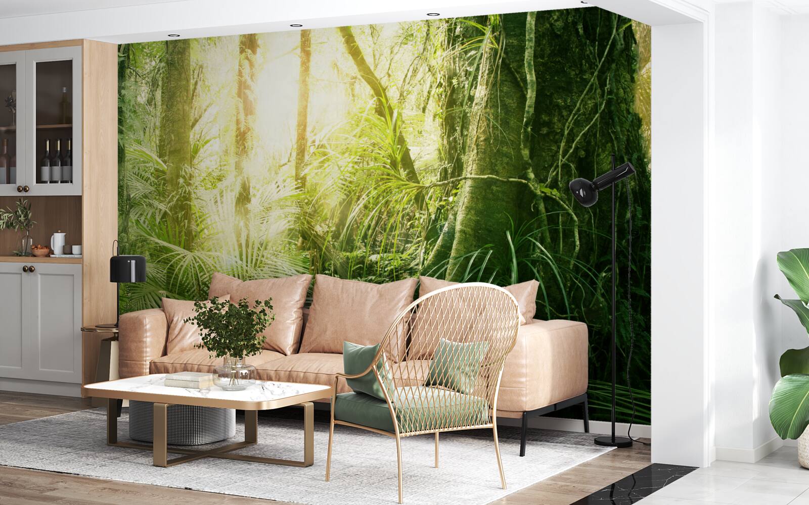 Fotobehang lichtstralen die doordringen in een sprookjesbos