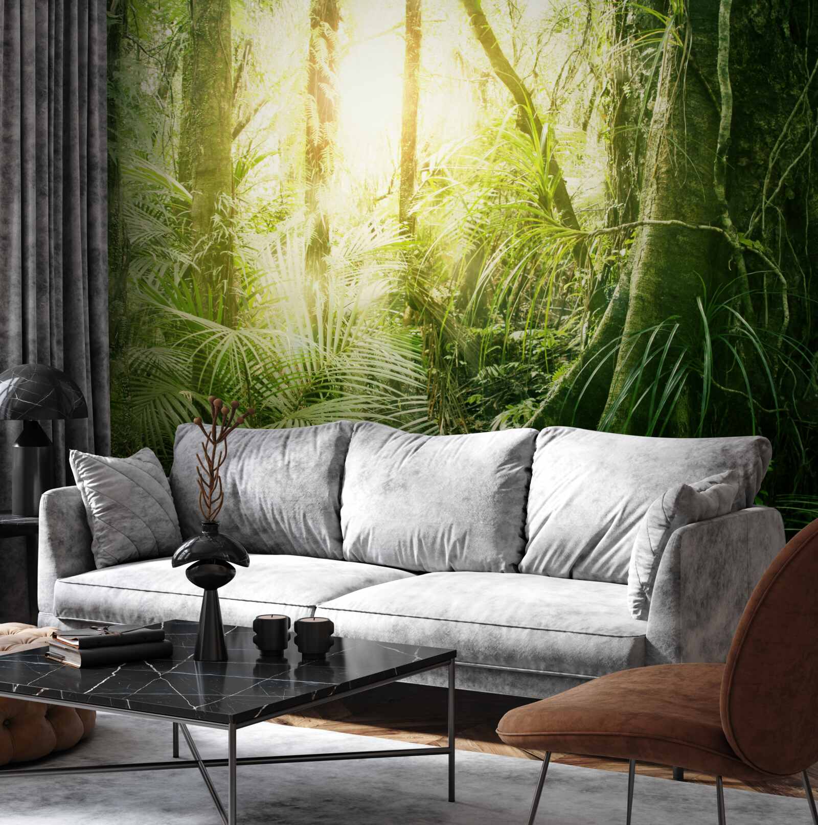 Fotobehang lichtstralen die doordringen in een sprookjesbos