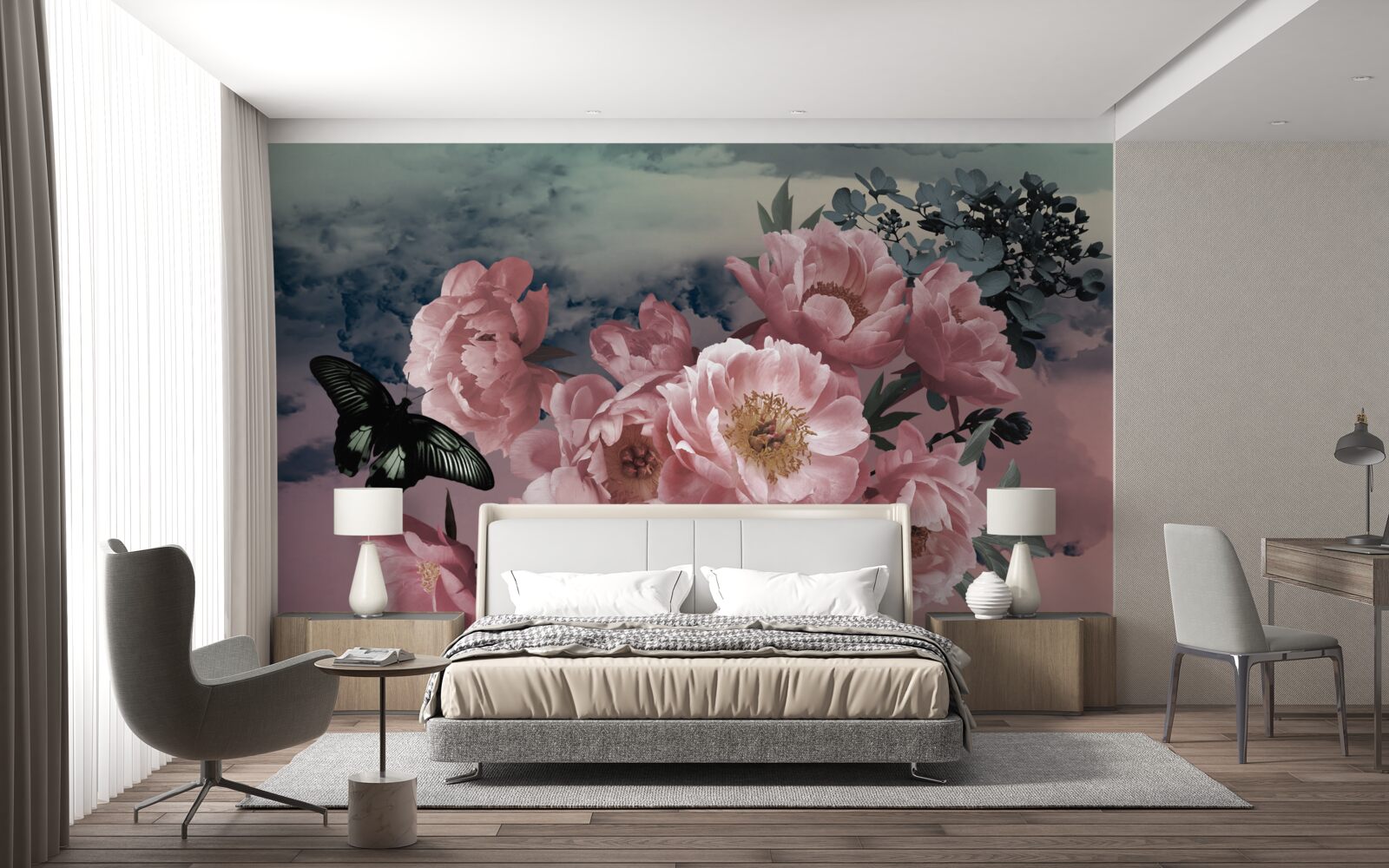 Fotobehang donkere vlinder en roze bloemen