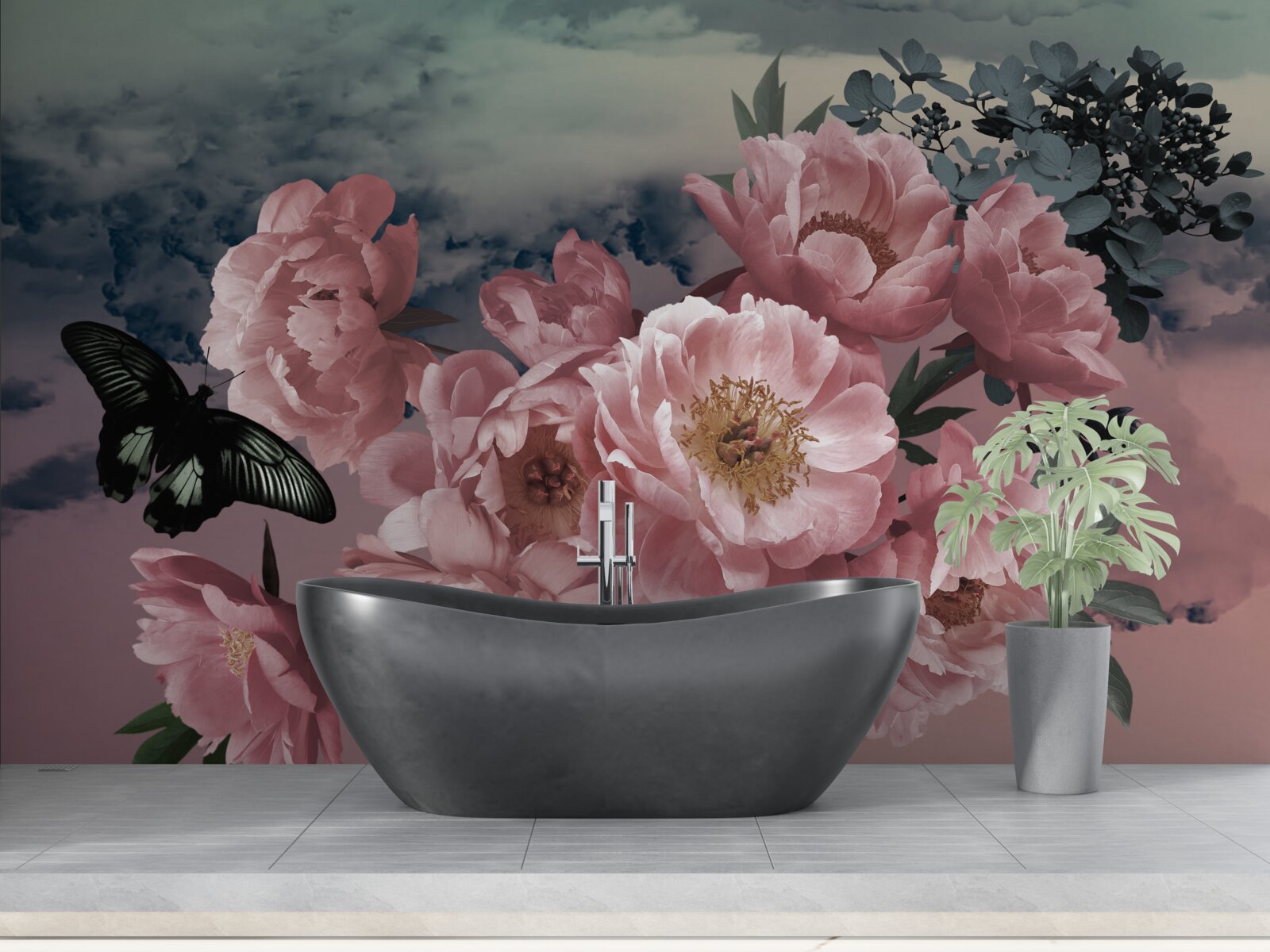 Fotobehang donkere vlinder en roze bloemen